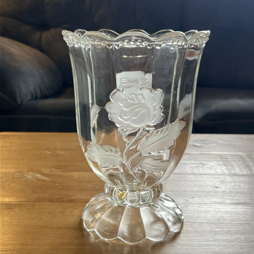 Vintage‎ Clear Pressed Glass Floral Rose Pedestal Large Vase Scalloped Rim MCM